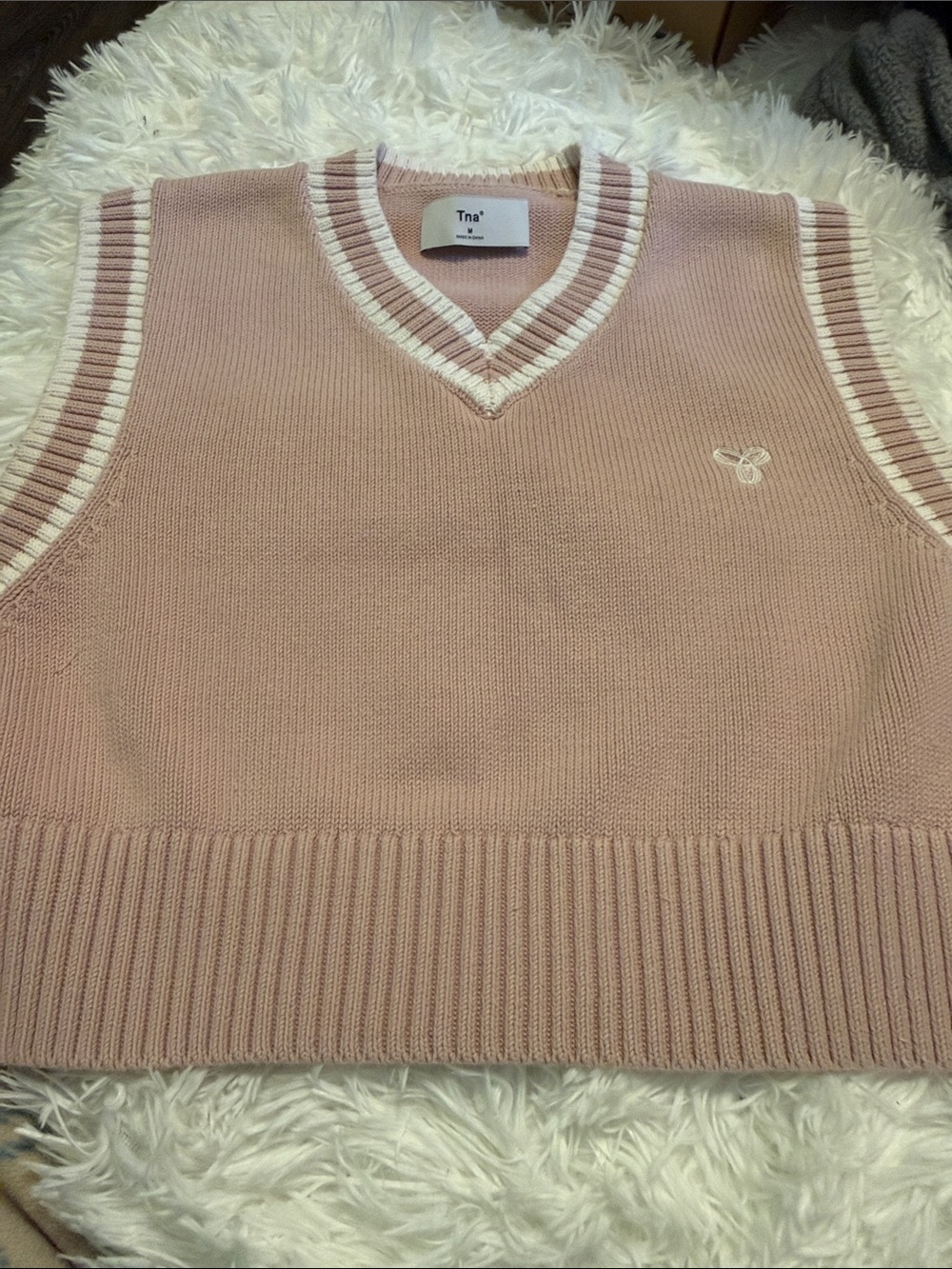 TNA Blush V-Neck Knit Vest with Cream Trim